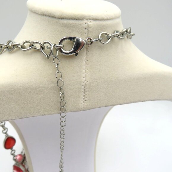 Multi Strand Layered Necklace Bib Coral Pink Faceted Beads 32" Silver Tone Chain - Picture 4 of 7